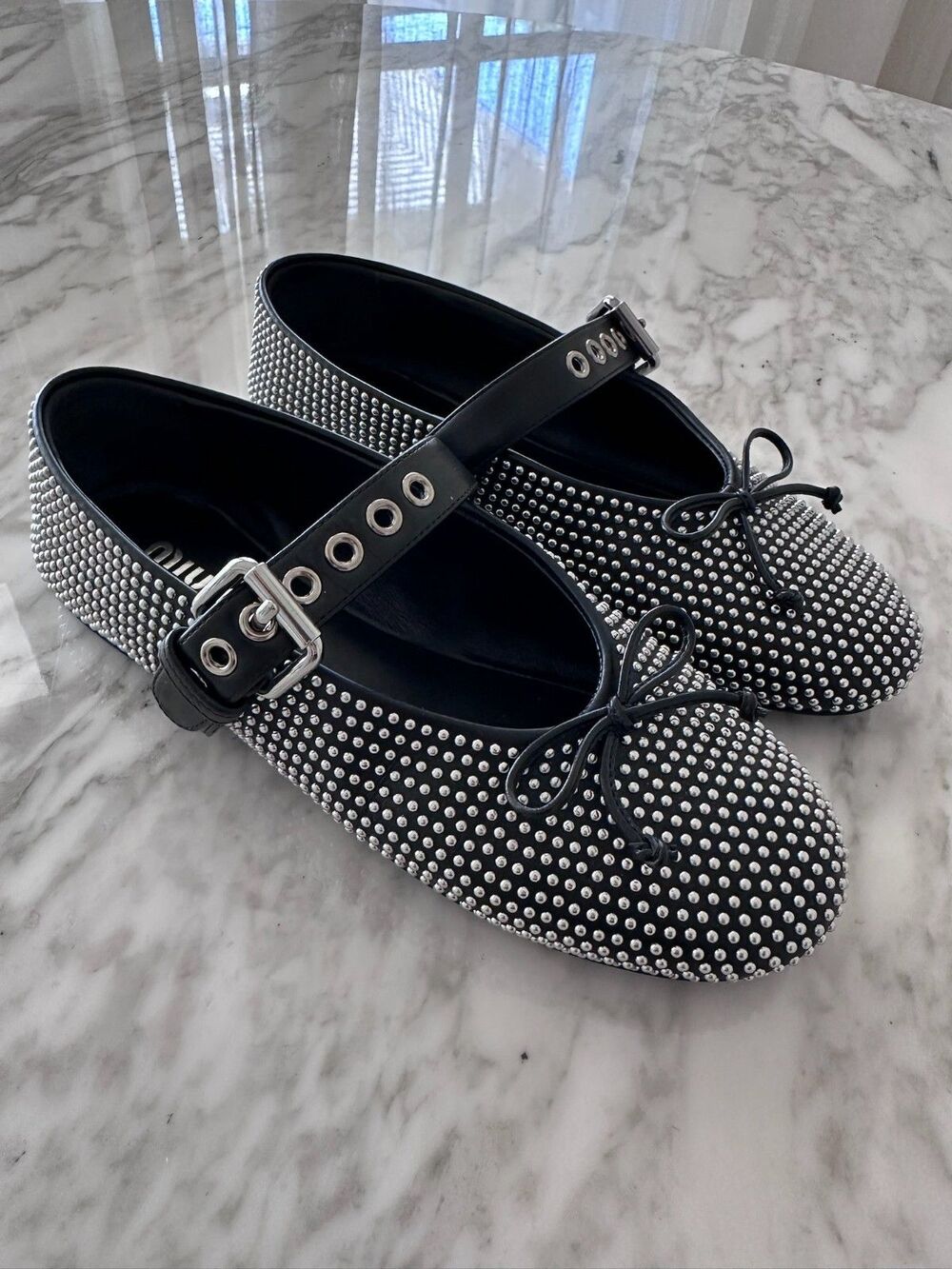 Authentic Miu Miu Studded Leather Mary Jane Ballet Flats 35.5 Italy Ballerina